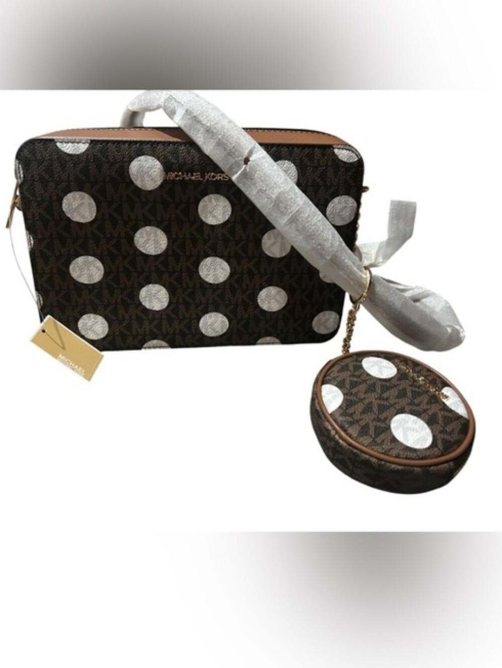 Michael Kors NWT Jet Set Brown Large Polka Dot Crossbody Bag